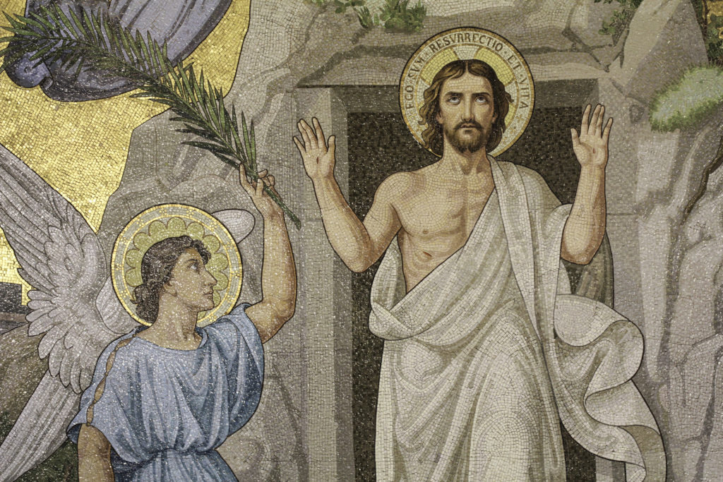 Mosaic of the risen Christ with an angel at the empty tomb.