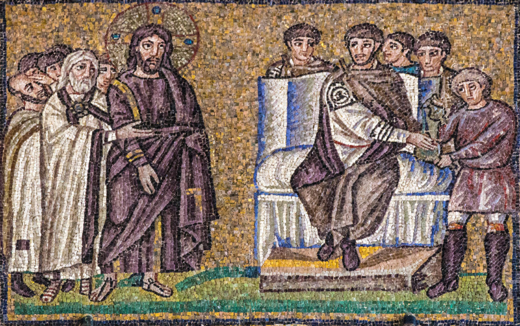 Mosaic of Pilate condemning Jesus to death. 