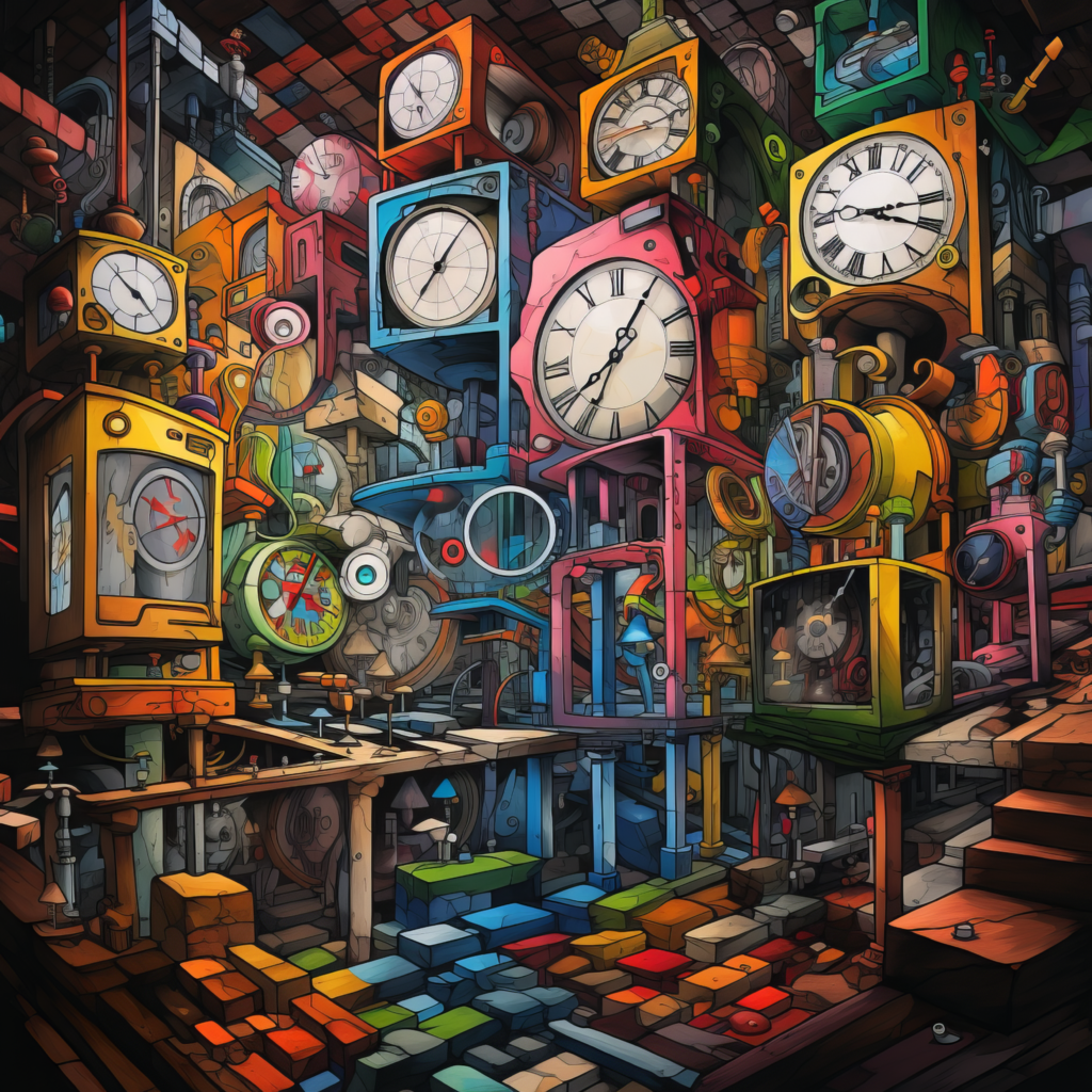 AI generated picture of different kinds of clocks in a room.
