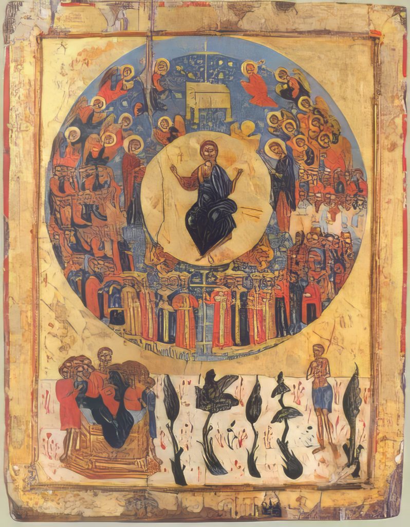 icon of the second coming upper part featuring Jesus surrounded by saints and lowering part featuring Jesus judging