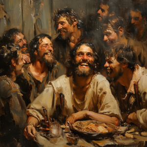An AI generated oil painting of Jesus and his disciples laughing at a meal in the style of Casper David Friedrich.